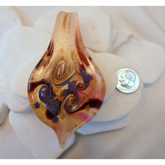 LRG Murano Hand Blown Glass Pendant Copper Gold Indigo Brown Champagne - Picture 6 of 7